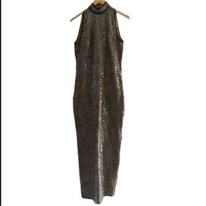 Vtg Disc Sequin Beaded Animal Print Mock Neck Maxi Formal Dress Sz 8